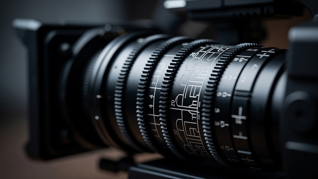 Detailed close-up of a cinema lens barrel with engraved focal markings and shallow depth of field