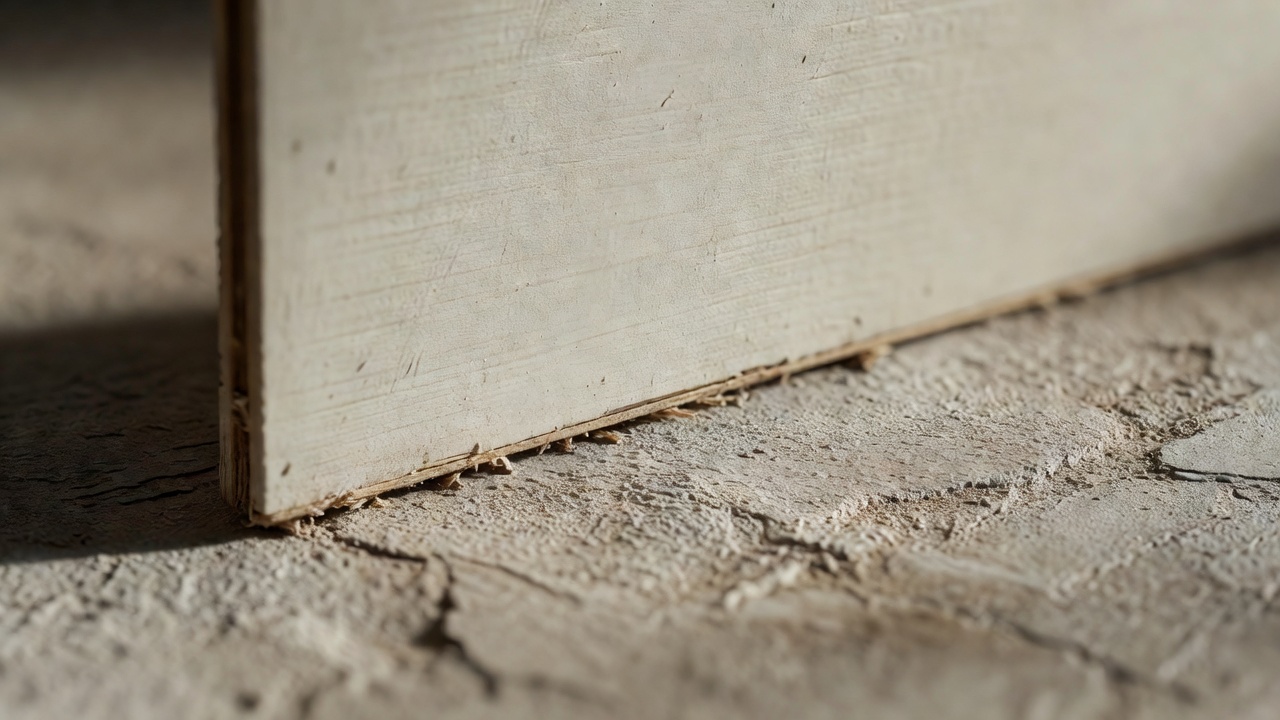 Close-up of a miniature set wall meeting a textured floor, with construction edges in shallow focus