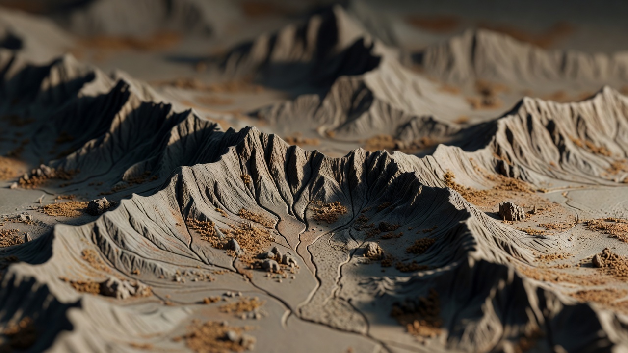 Shallow-focus close-up of sculpted miniature terrain with ridges and small surface features