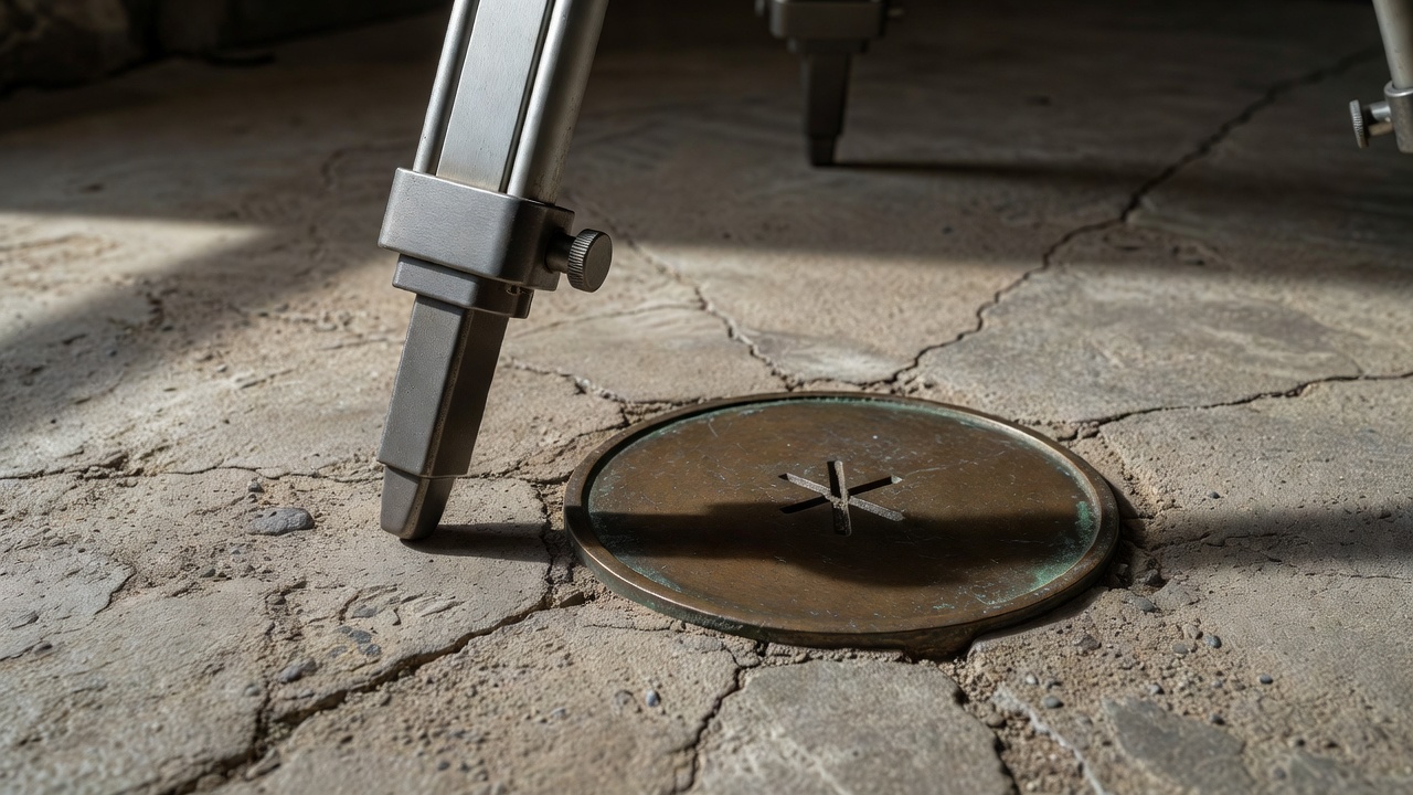 Close-up of a surveying tripod foot beside a floor reference mark